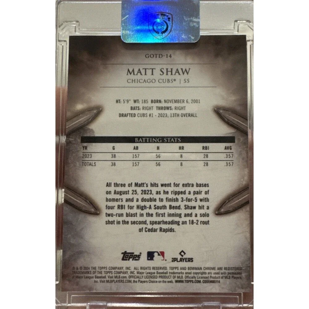 2024 Bowman Chrome - Gladiators of the Diamond Matt Shaw #GOTD-14 (RC)
